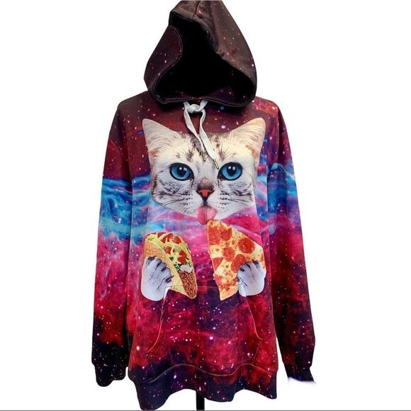 FUNNY cat eating taco and pizza slice pullover unisex hoodie size medium 💥 - Picture 1 of 10